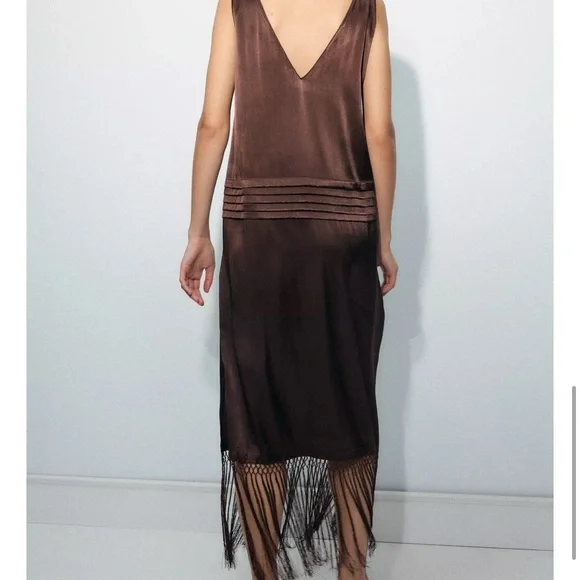 Zara Brown Maxi Dress with Fringe - Picture 3 of 6